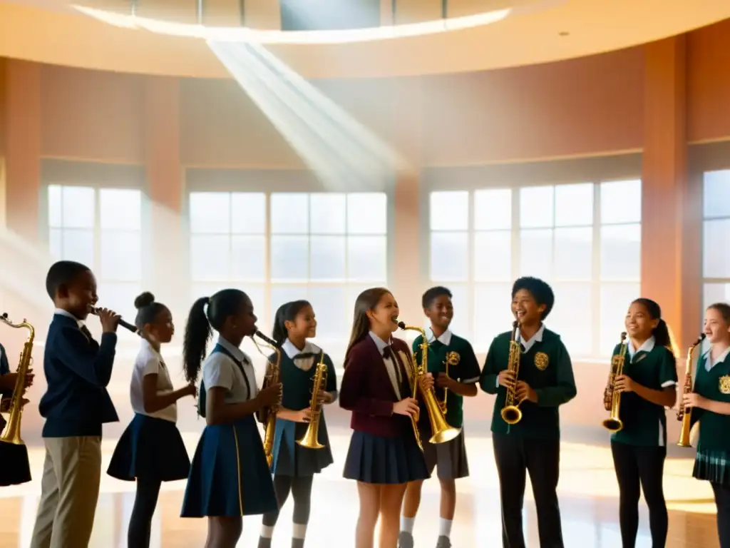 Estudiantes de secundaria ensayan con instrumentos de viento antes de su presentación musical