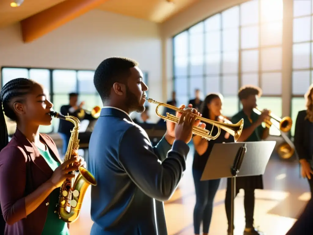 Estudiantes de música tocan instrumentos de viento en una sala iluminada