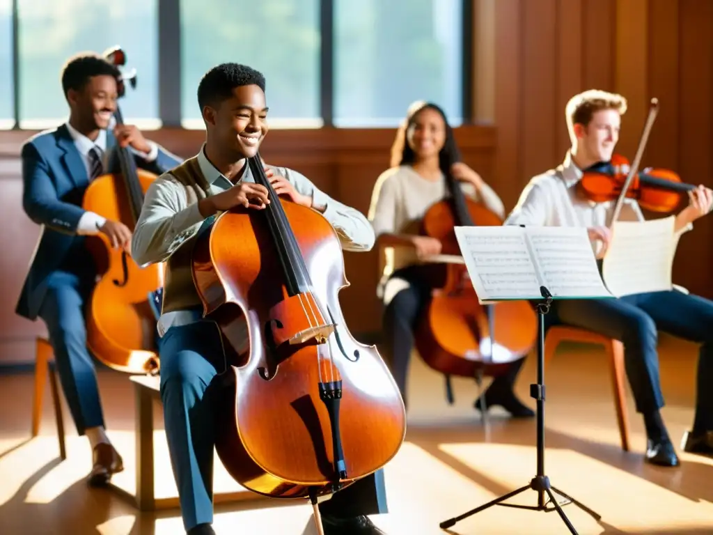 Estudiantes practican juntos en aula de música, con instrumentos graves