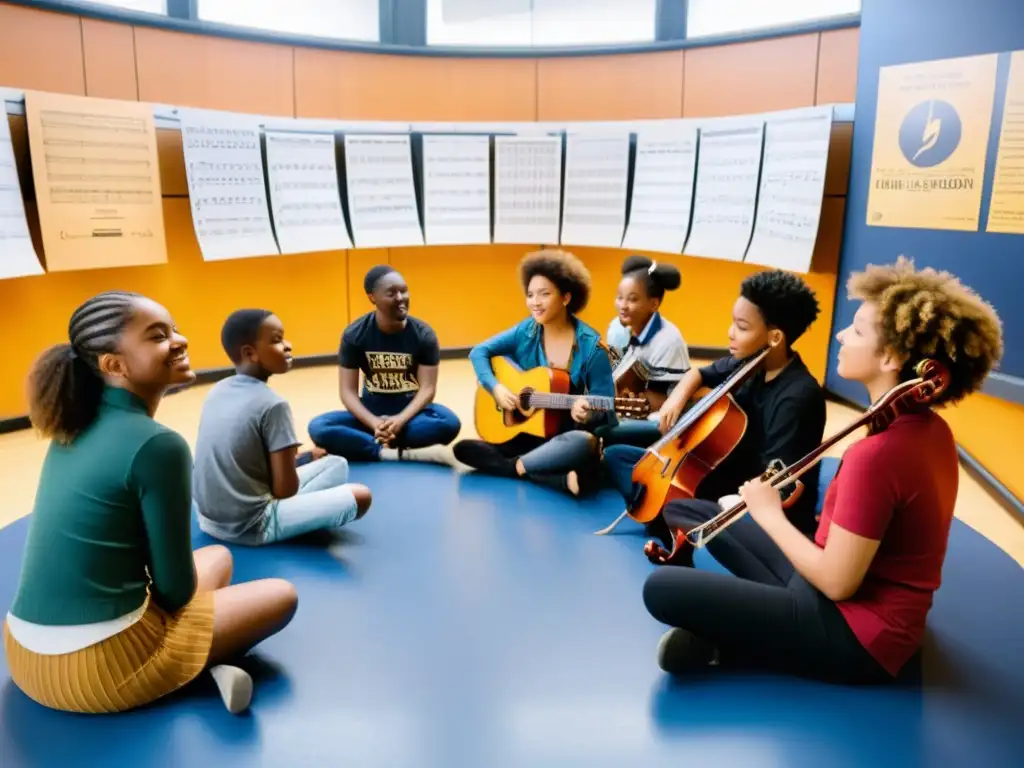 Estudiantes de música improvisando juntos bajo la guía de su instructor en un aula espaciosa y bien iluminada