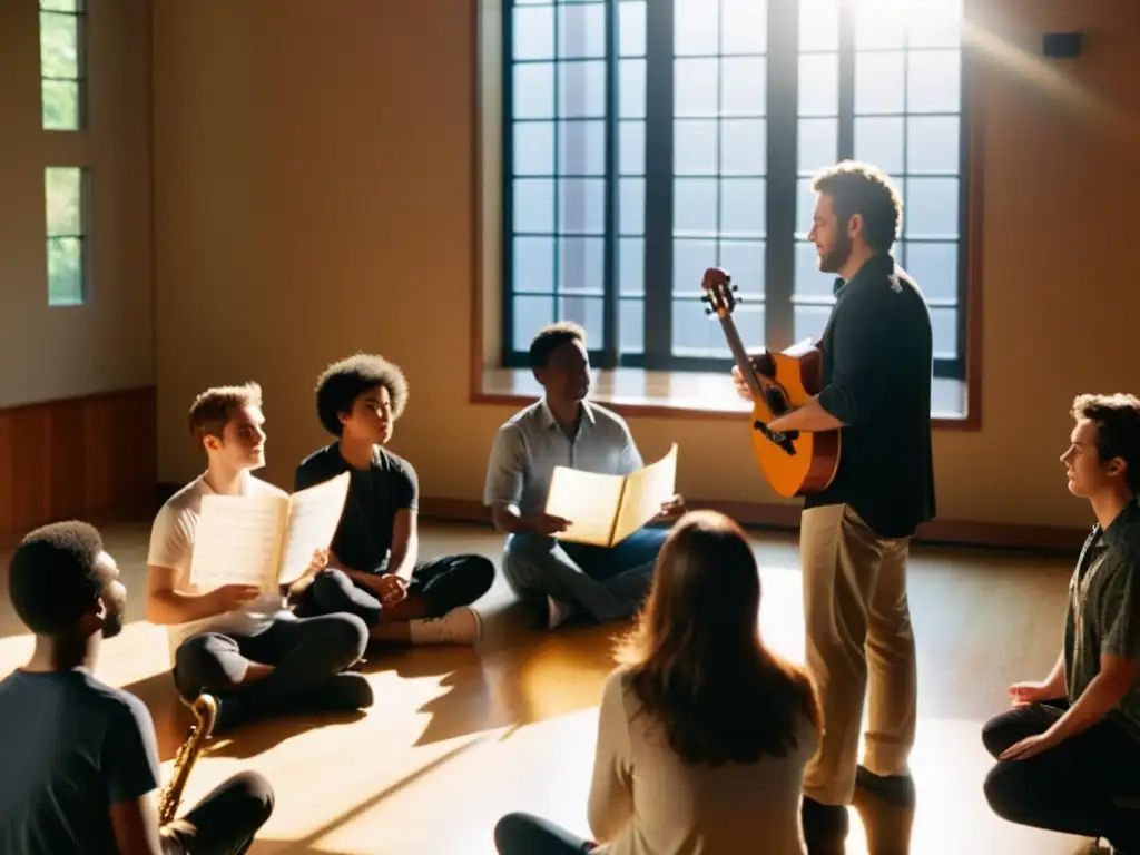 Estudiantes y maestro exploran técnicas de improvisación musical educativa en una atmósfera de aprendizaje y creatividad