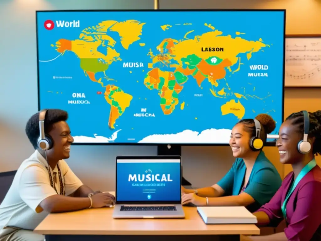 Estudiantes de todo el mundo participan en una clase de música online, promoviendo la educación musical global y la diversidad cultural