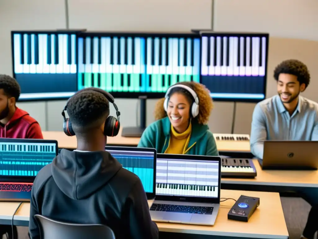 Estudiantes crean música con instrumentos digitales en aula de educación musical