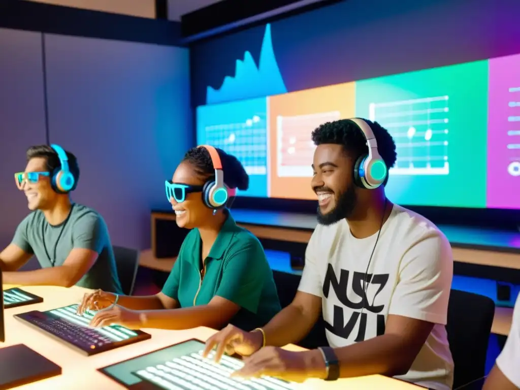 Estudiantes colaboran en lección musical virtual, inmersos en un entorno innovador y dinámico