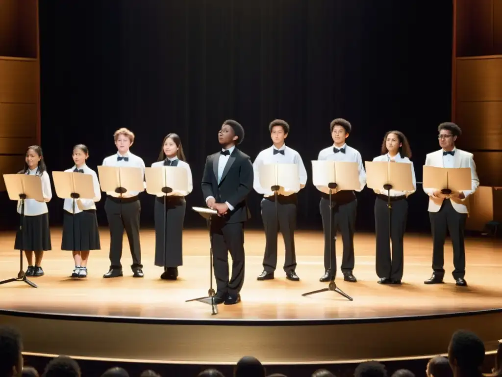 Estudiantes de orquesta escolar en escenario, tocando con intensidad