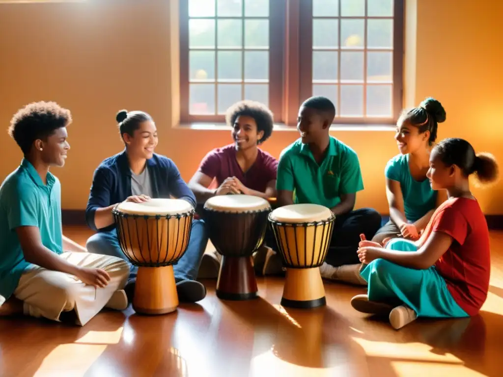 Estudiantes tocando percusiones globales en círculo, expresando pasión y concentración