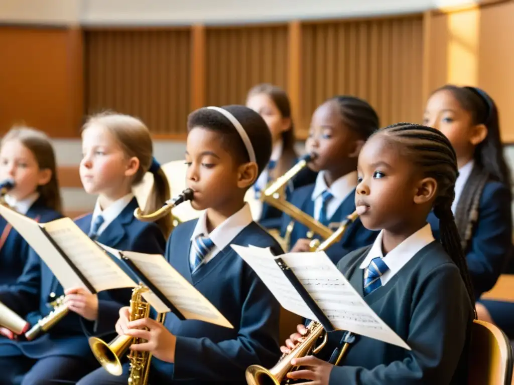 Estudiantes de primaria concentrados en tocar instrumentos de viento en clase de música, con partituras y carteles