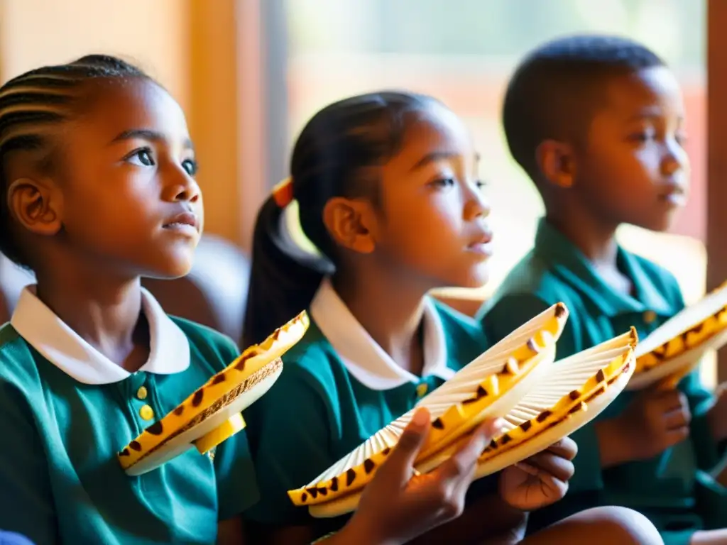 Estudiantes de primaria aprendiendo flautas y flautines con su maestra en una atmósfera educativa y musical