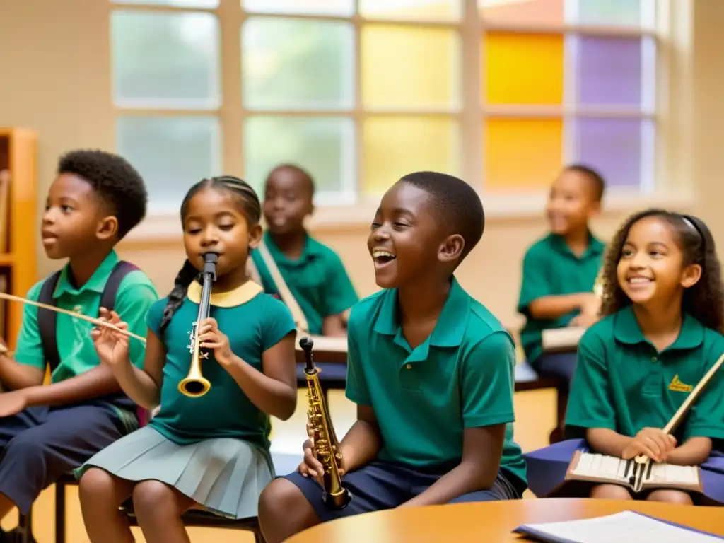 Estudiantes de primaria tocando instrumentos musicales en círculo, con el impacto psicológico positivo de la música en plena muestra