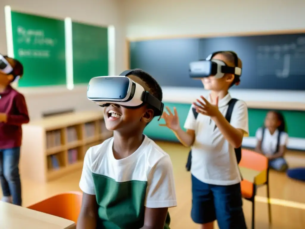 Estudiantes de primaria explorando una sala de música digital con realidad aumentada en educación musical, emocionados y comprometidos, guiados por su maestro