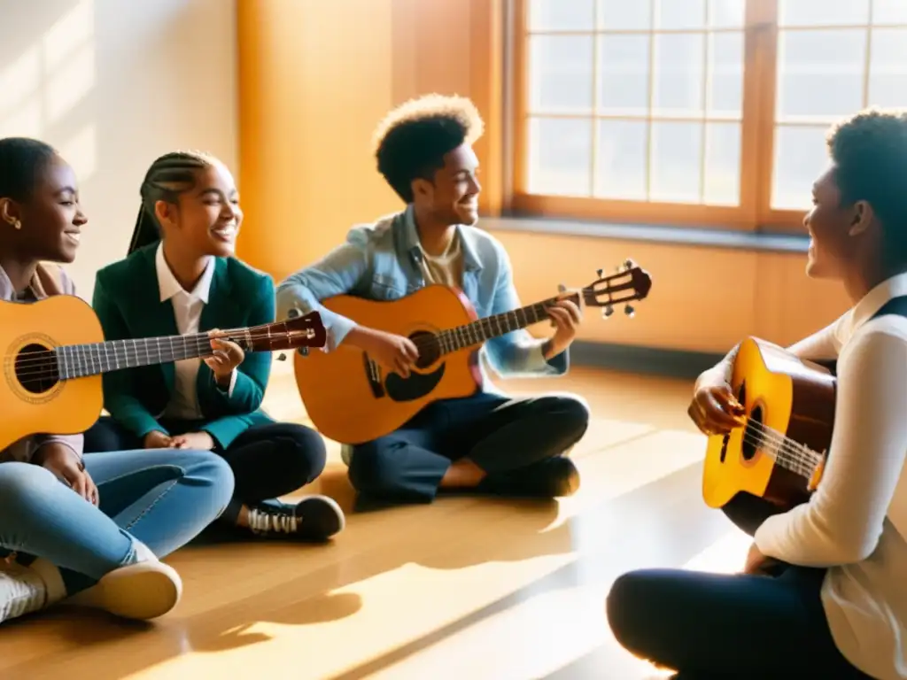 Estudiantes diversos colaborando en proyectos grupales de educación musical en un aula luminosa