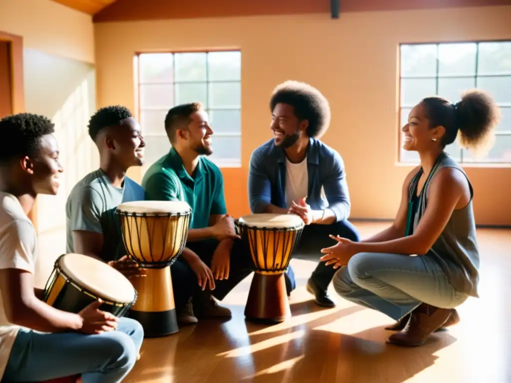 Estudiantes aprenden ritmos con instrumentos de percusión en ambiente educativo enriquecedor