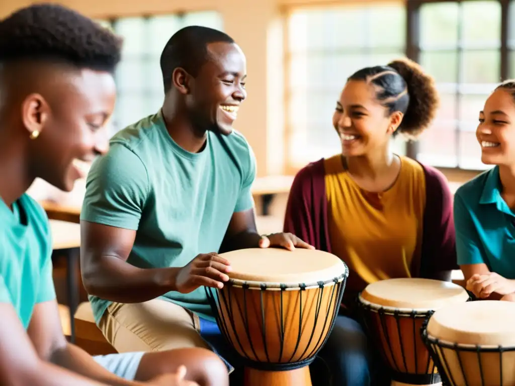 Estudiantes tocando tambores africanos en círculo con su instructor