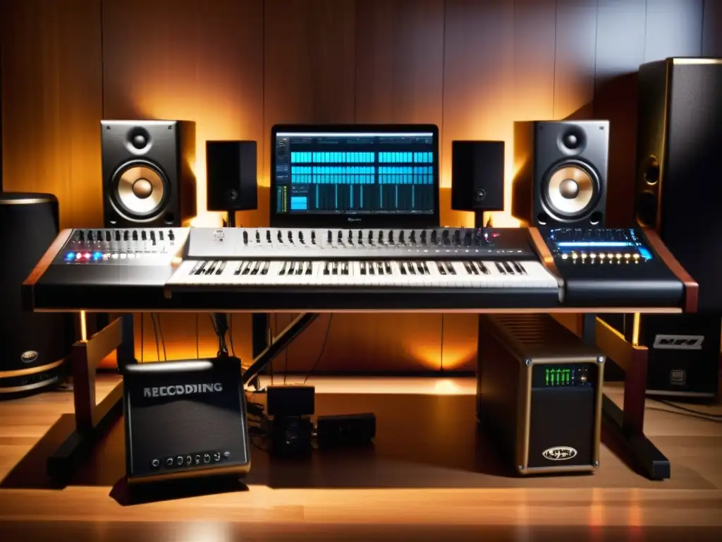 Estudio de grabación profesional con batería electrónica y sintetizador Estudio de grabación con batería electrónica, sintetizador, MIDI y ordenador