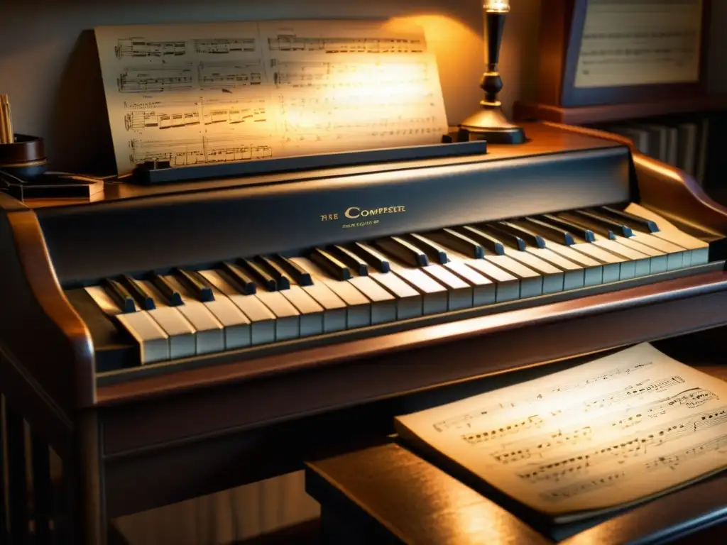 Un estudio de cine atmosférico con un escritorio de compositor vintage, partituras y un teclado bien usado, iluminado por una suave luz cálida