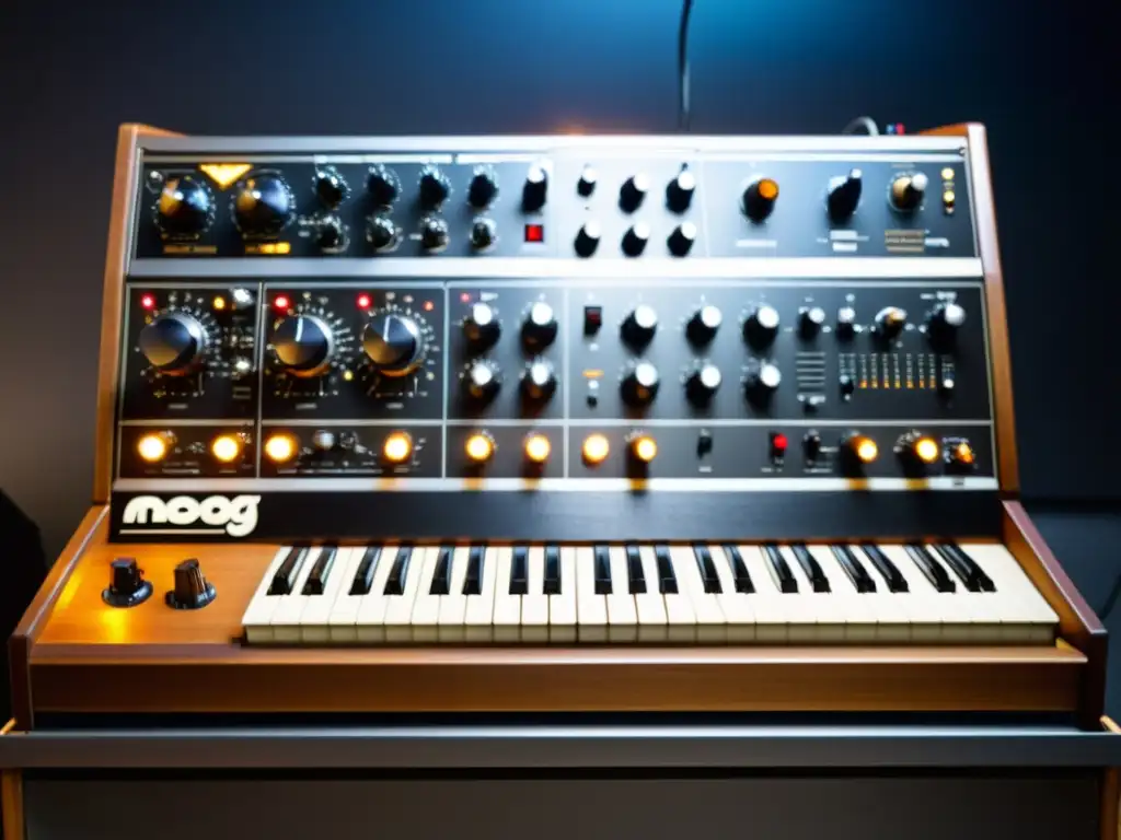 Moog vintage en estudio de música electrónica, reflejando la fusión de creatividad y tecnología de pioneros música electrónica Moog historia