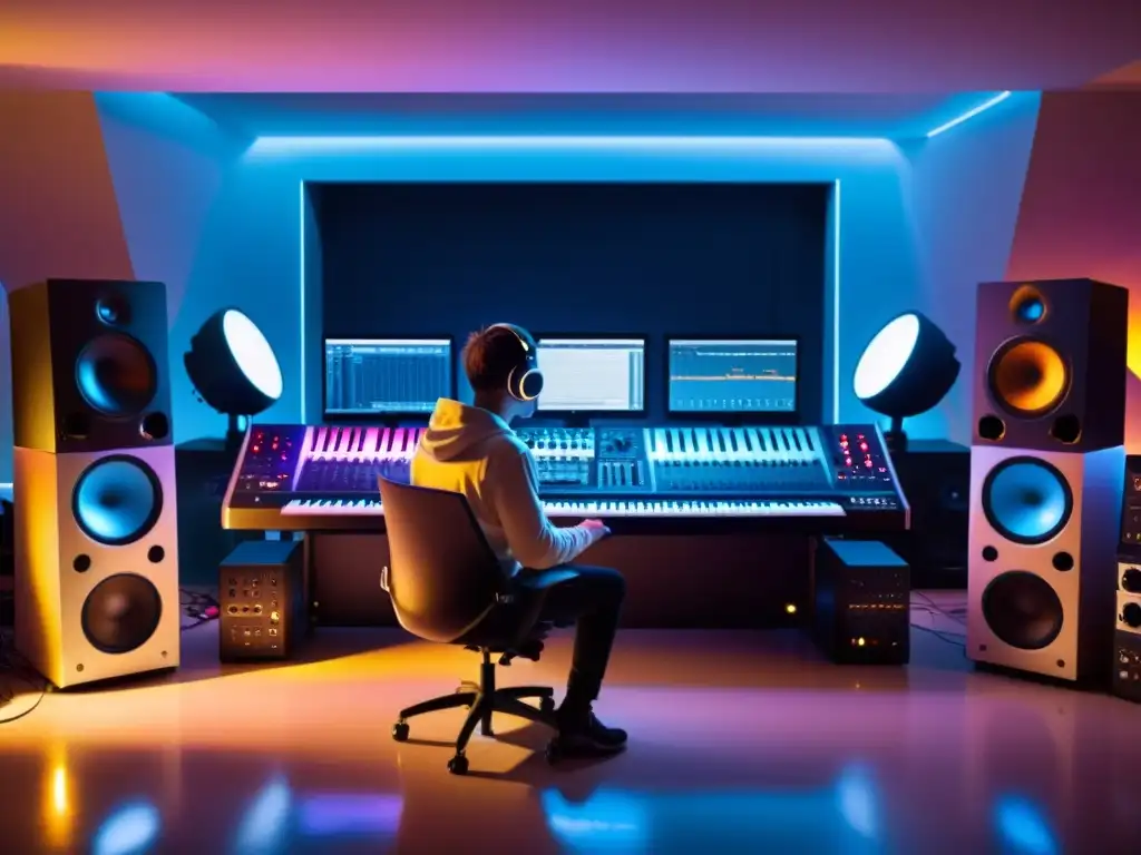 Estudio de música electrónica futurista Estudio de música electrónica futurista con innovaciones tecnológicas en síntesis de audio, iluminación ambiental y equipo moderno