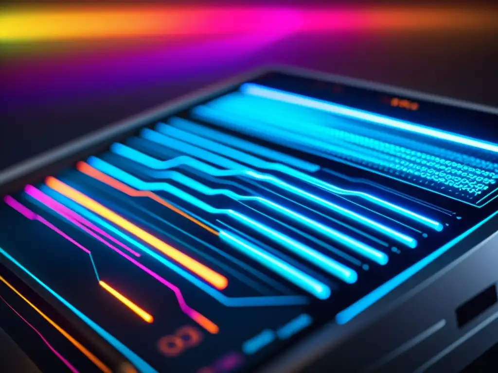 Secuenciador musical digital: Creación futurista de sonido Un estudio futurista con un compositor concentrado frente a un secuenciador de música digital, desatando algoritmos de música generativa