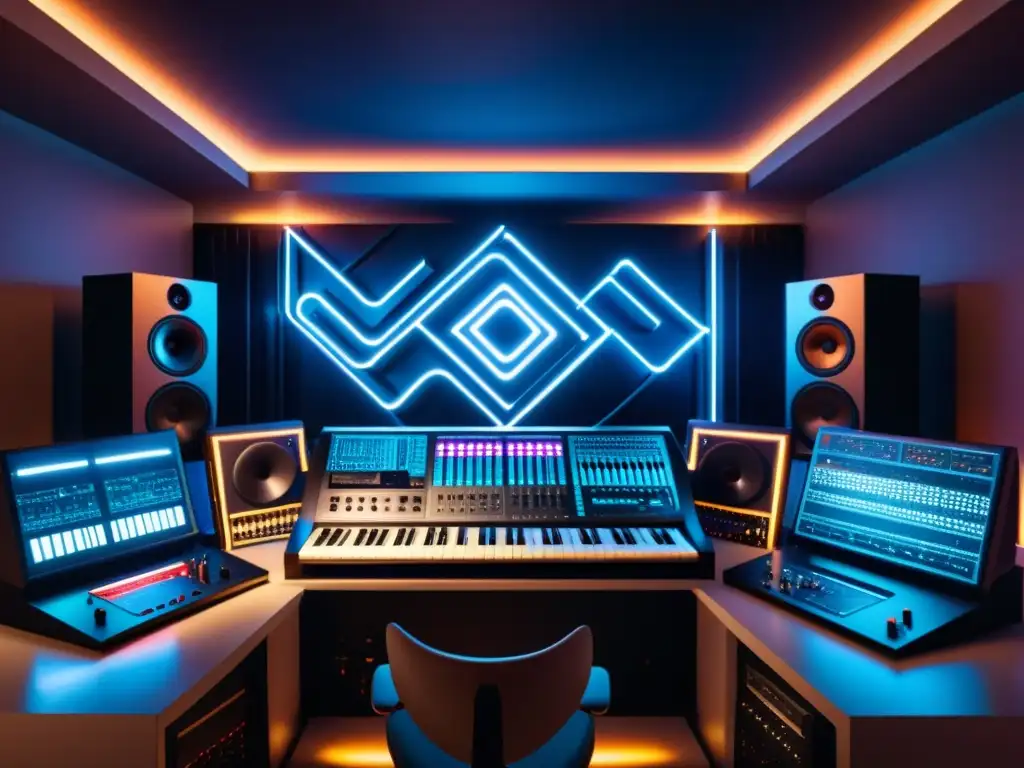 Un estudio futurista de música electrónica en alta resolución 8k, con una compleja red de sintetizadores, máquinas de ritmo y controladores MIDI