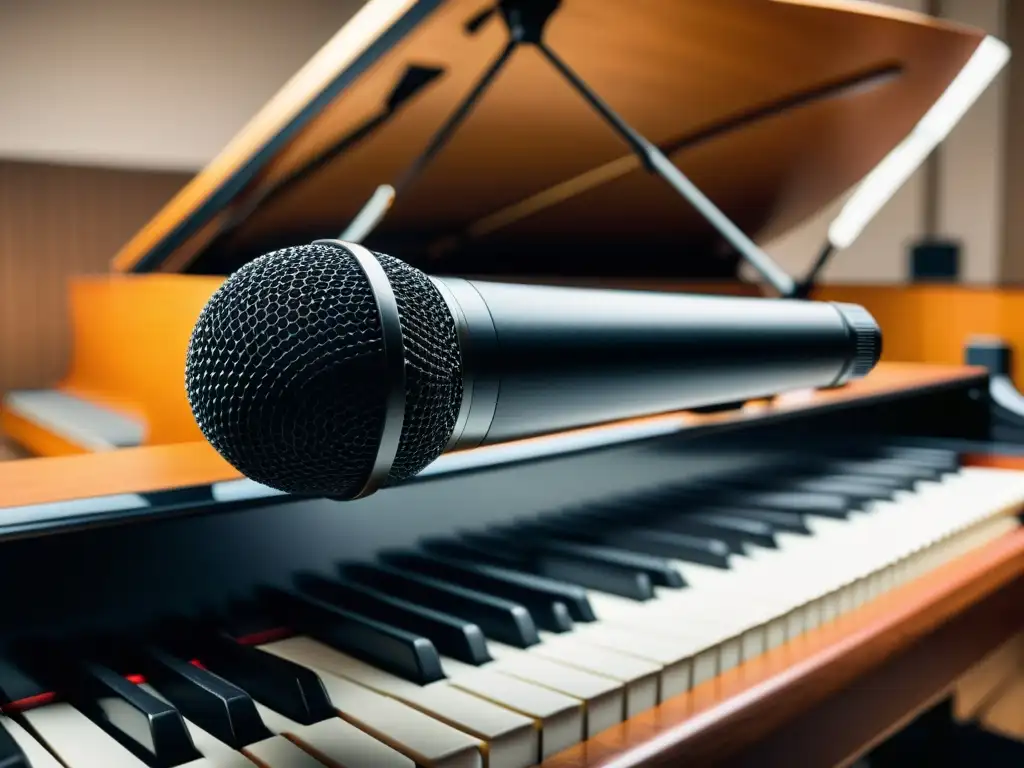 Un estudio de grabación con micrófonos rodeando un piano de cola, capturando cada detalle del sonido