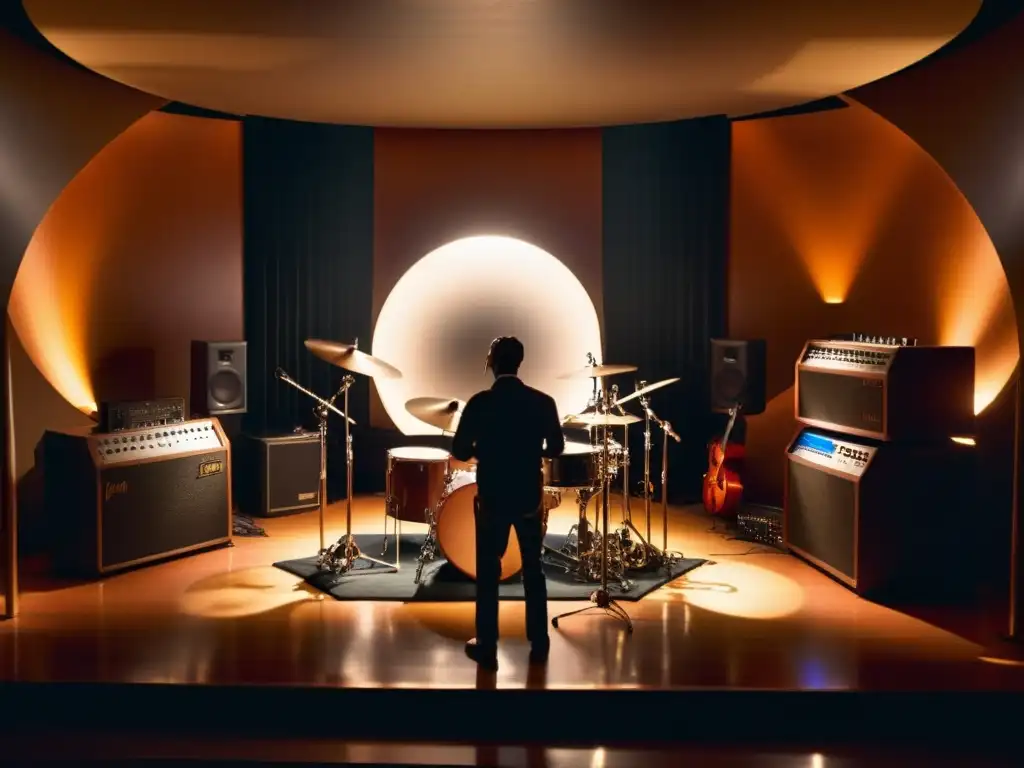 Un estudio de grabación oscuro con músicos de jazz improvisado, bañado en una cálida luz sepia