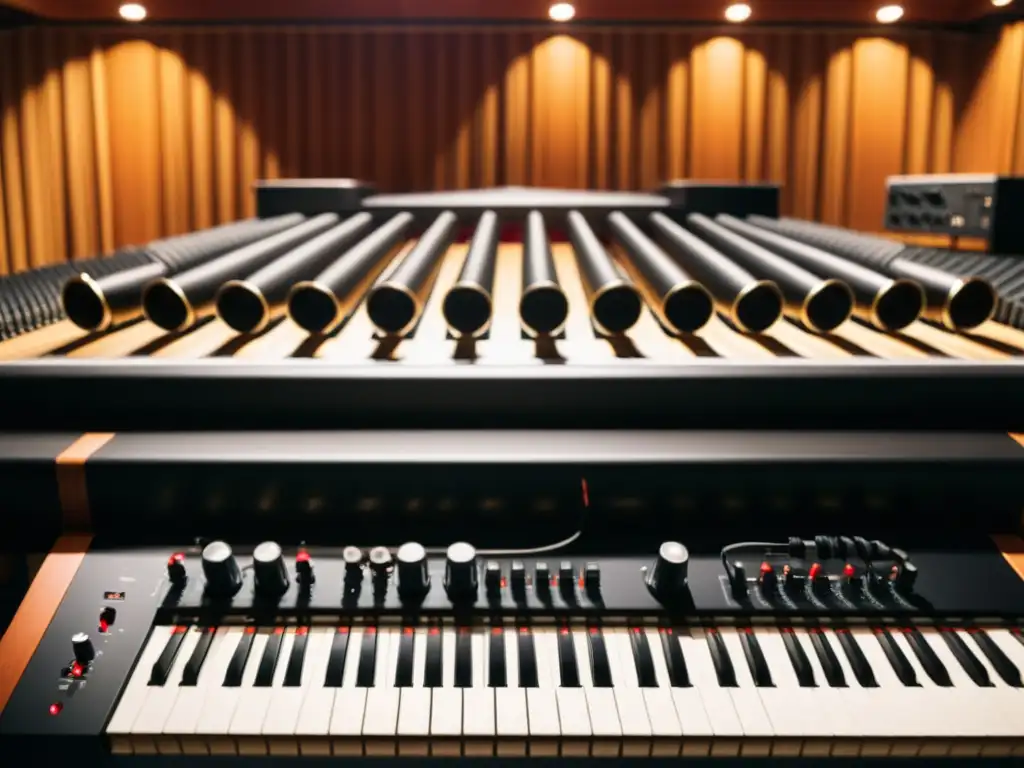 Un estudio de grabación profesional con una detallada selección de microfonía para instrumentistas, capturando la esencia sonora de un piano de cola