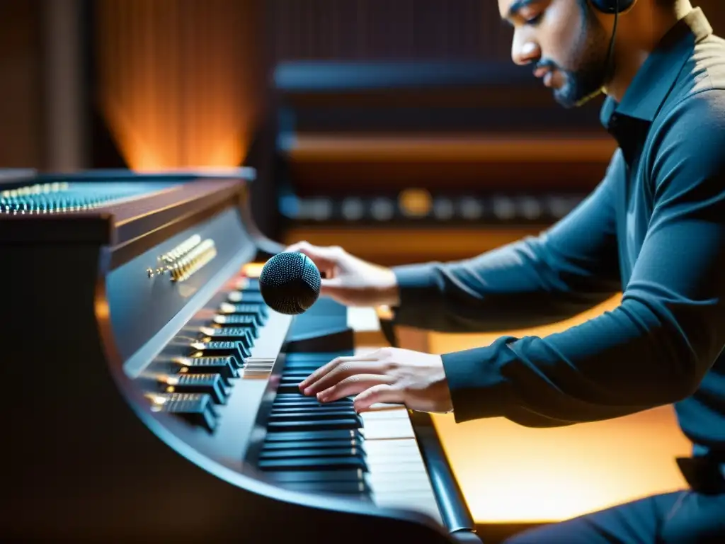 Un estudio de grabación profesional con un ingeniero ajustando micrófonos alrededor de un gran piano