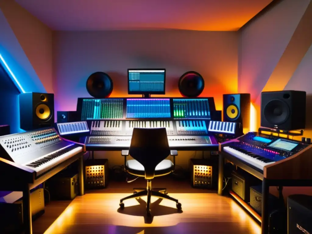 Estudio de grabación profesional: tecnología y creatividad Un estudio de grabación profesional con instrumentos electrónicos de alta tecnología, ambiente cálido y creatividad musical