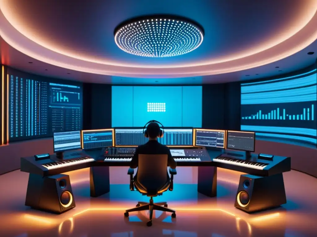 Estudio de música futurista y algorítmico en 8k Estudio de música futurista con tecnología de punta, músico interactuando con software de composición algorítmica