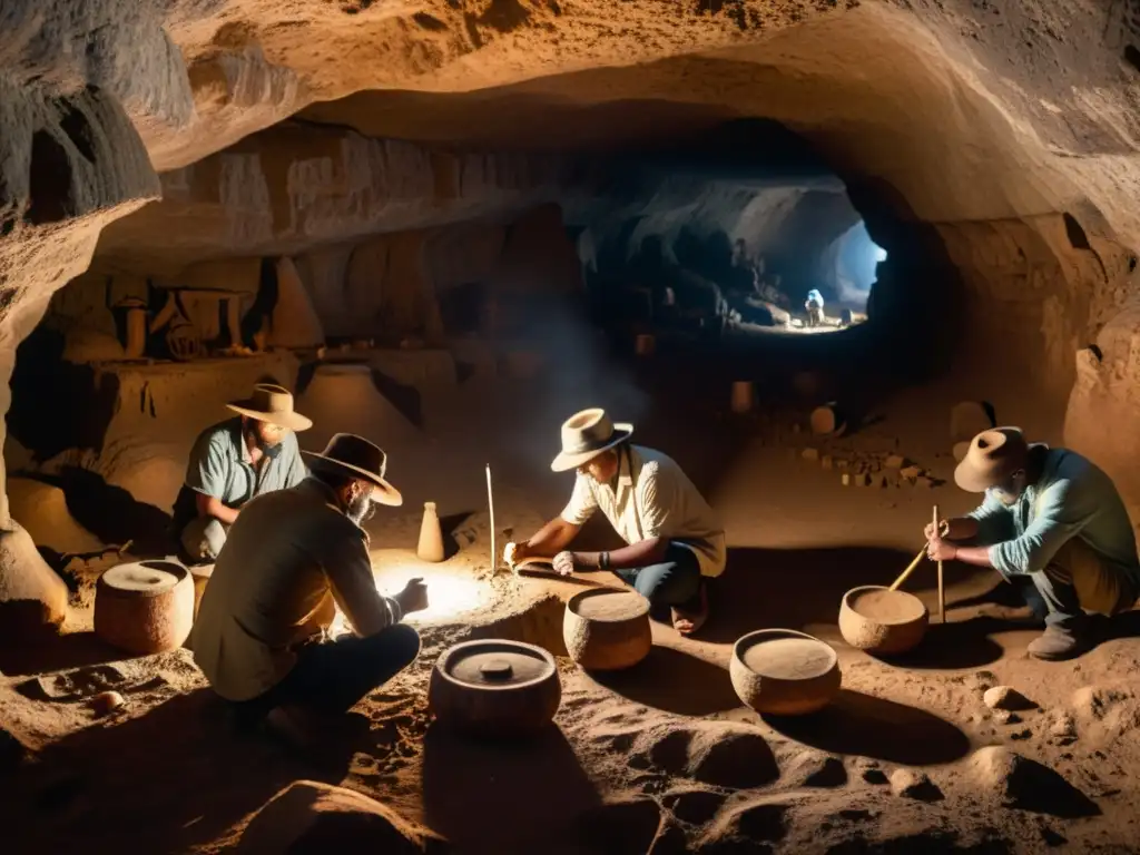 Excavación de arqueólogos en cueva subterránea revela evolución de instrumentos de percusión en detallada imagen 8k