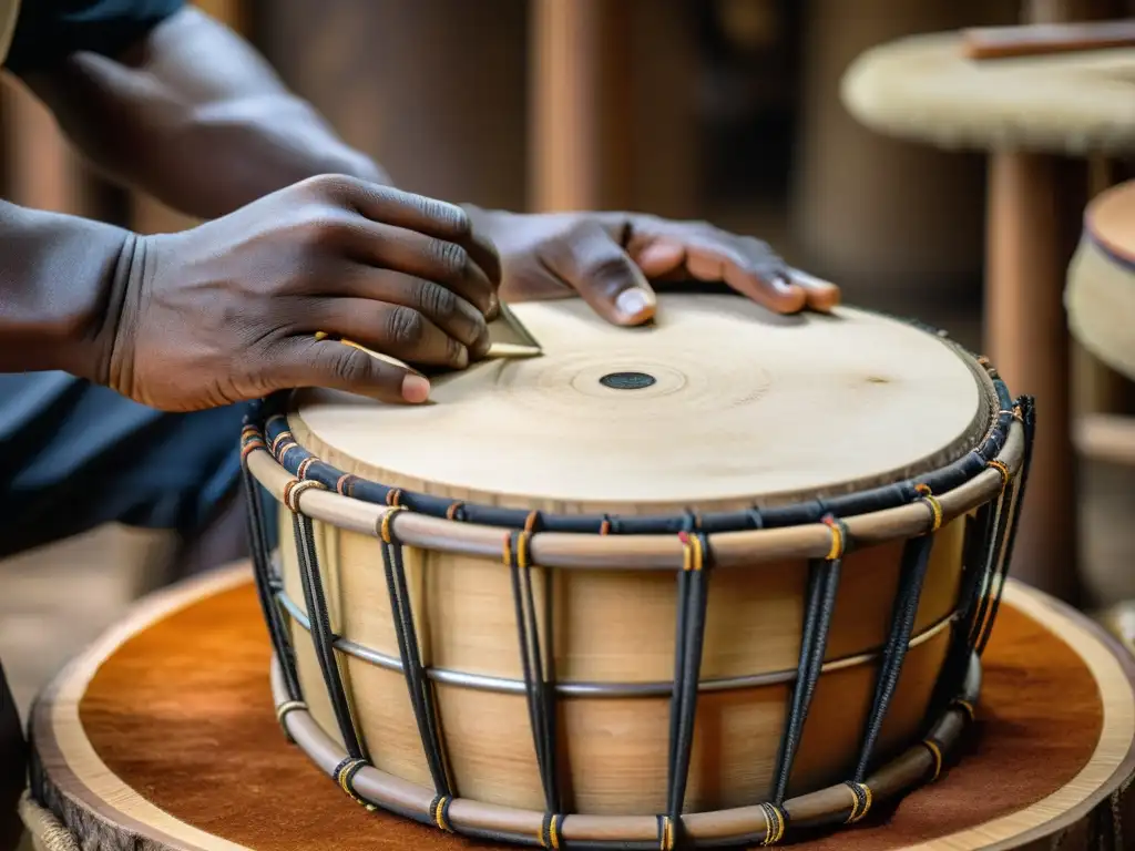 Las experimentadas manos del artesano crean la historia y sonido del kanjira con destreza milenaria