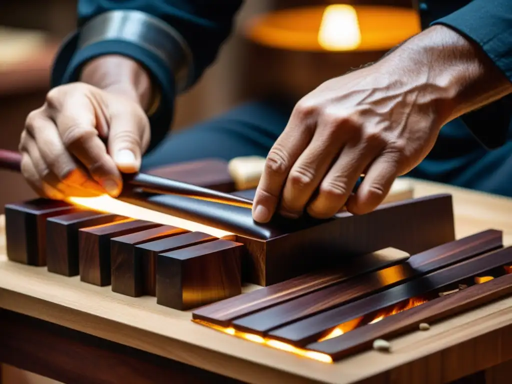 Las experimentadas manos de un artesano tallan con precisión una tecla de marimba, destacando la historia y resonancia de la marimba guatemalteca