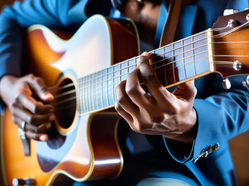 Las experimentadas manos de un músico de blues ejecutando la técnica del shuffling en la guitarra, resaltando la importancia del shuffling en el Blues