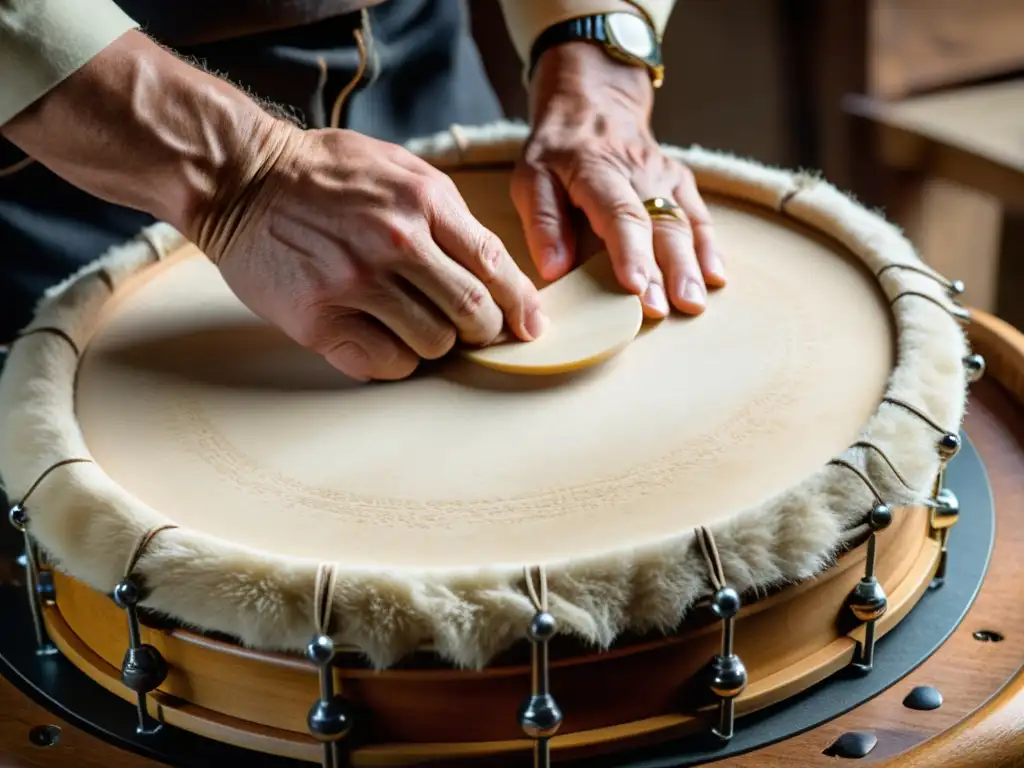 Experimentado artesano moldea cuidadosamente piel de cabra sobre marco de madera para construir un Bodhrán irlandés: historia, construcción y sonido