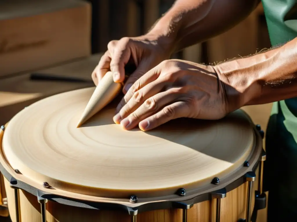 Experimentado artesano moldea con precisión un timbal de madera, destacando la destreza y dedicación en su construcción