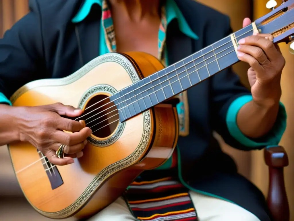 Un experimentado músico toca con destreza un charango, integración del charango en educación