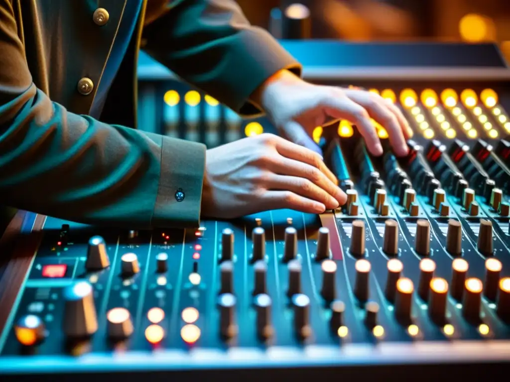 Un experimentado ingeniero de sonido ajusta meticulosamente los controles de una consola de sonido analógica vintage, iluminado por una cálida luz