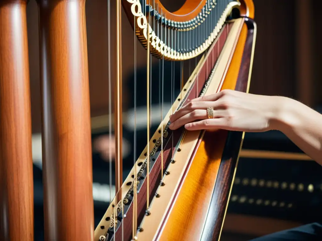 Experta arpista tocando con precisión las cuerdas de un arpa de concierto, destacando la técnica del arpa en orquesta