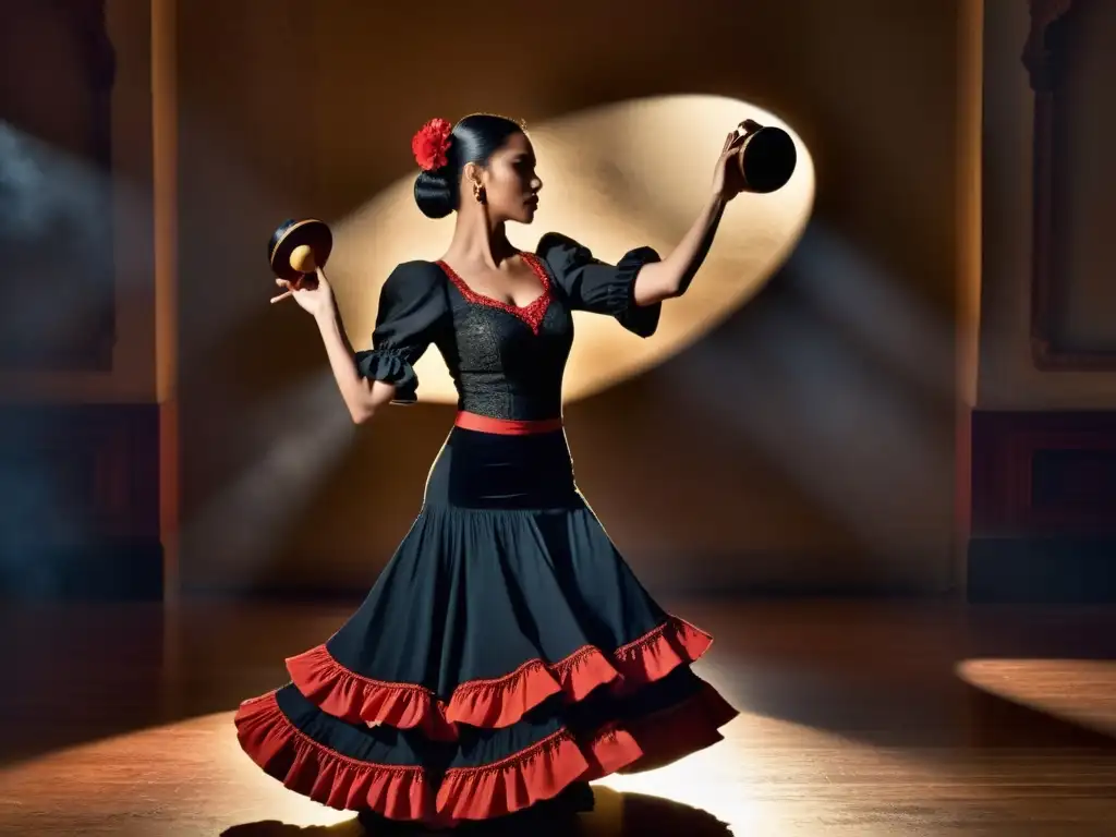 Experta bailaora de flamenco con castañuelas, representando el origen y uso de las castañuelas en esta apasionante danza española