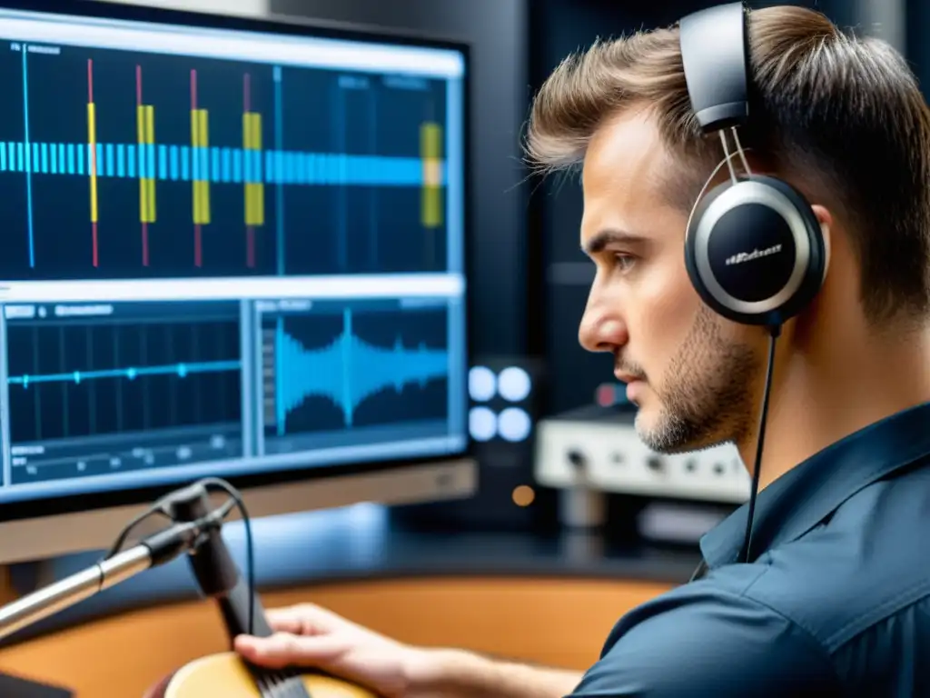 Un experto en medición acústica de instrumentos musicales estudia detalladamente una guitarra acústica en un laboratorio de sonido de vanguardia