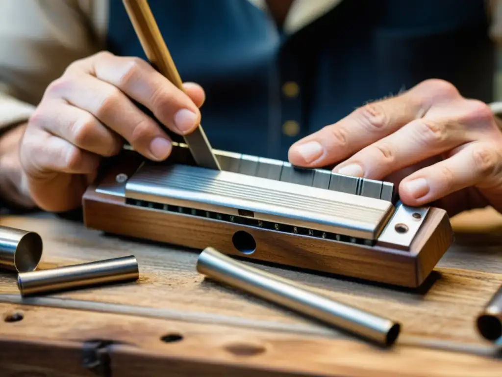 Un experto artesano elaborando una armónica diatónica tradicional, mostrando el proceso detallado de construcción en un taller rústico