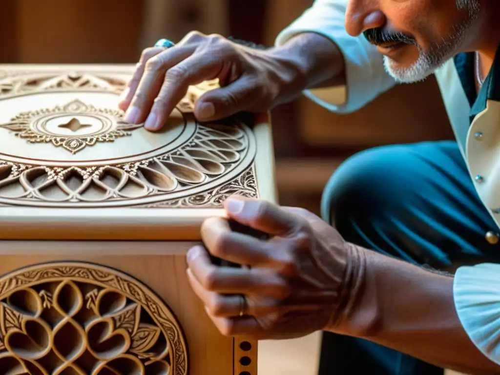 Experto artesano tallando y lijando detalladamente un cajón flamenco, resaltando la construcción y el sonido de la madera