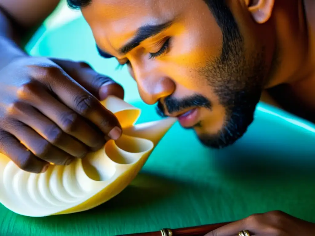 Un experto artesano esculpe una concha en una conchita, destacando la historia y construcción de la conchita con cuidado y dedicación