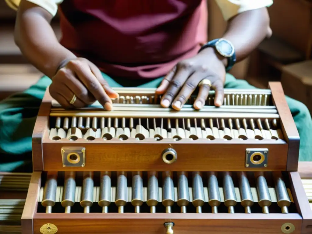 Un experto artesano construye con cuidado un armonio Sikha tradicional, destacando la influencia del armonio en la música espiritual