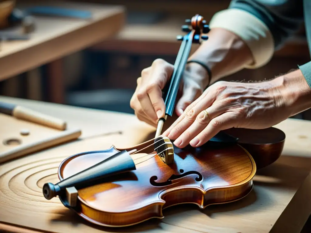 Un experto artesano restaura con cuidado un violín antiguo, destacando la dedicación en la restauración de instrumentos musicales antiguos