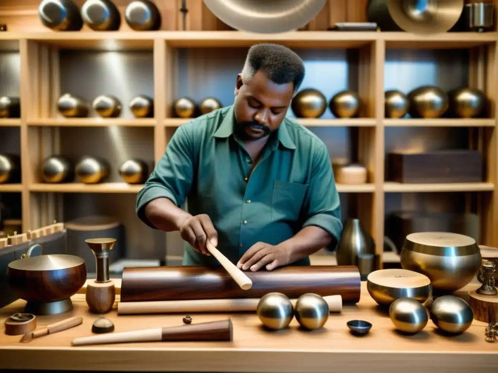 Un experto artesano moldea con destreza un instrumento de percusión, destacando la importancia histórica de estos instrumentos