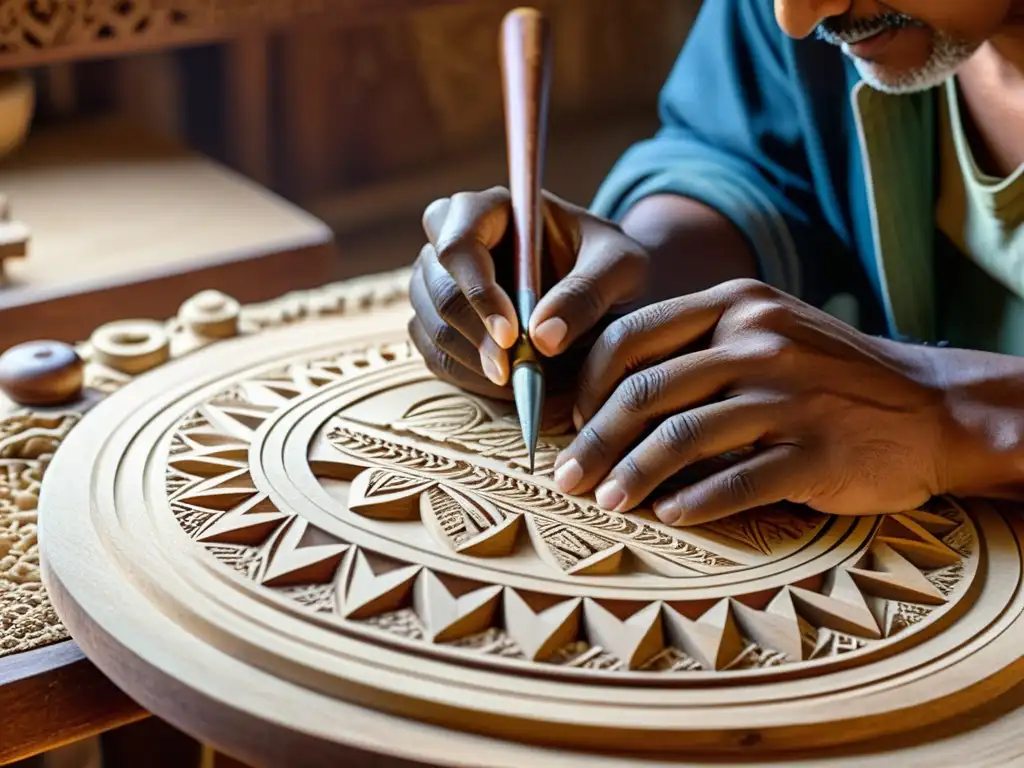 Un experto artesano talla diseños intrincados en la caja de resonancia de una citara antigua, mostrando la historia y la artesanía de este instrumento