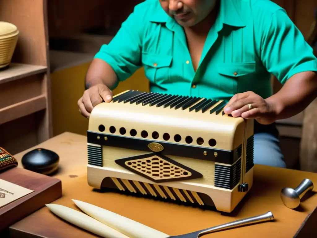 Un experto artesano construye con esmero un Acordeón Vallenato, mostrando la artesanía y detalle en su elaboración