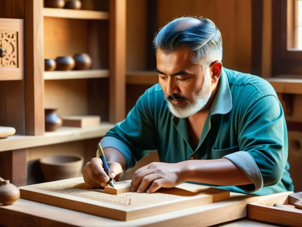 Experto artesano tallando con esmero un Qanun árabe, bañado en cálida luz natural en su taller