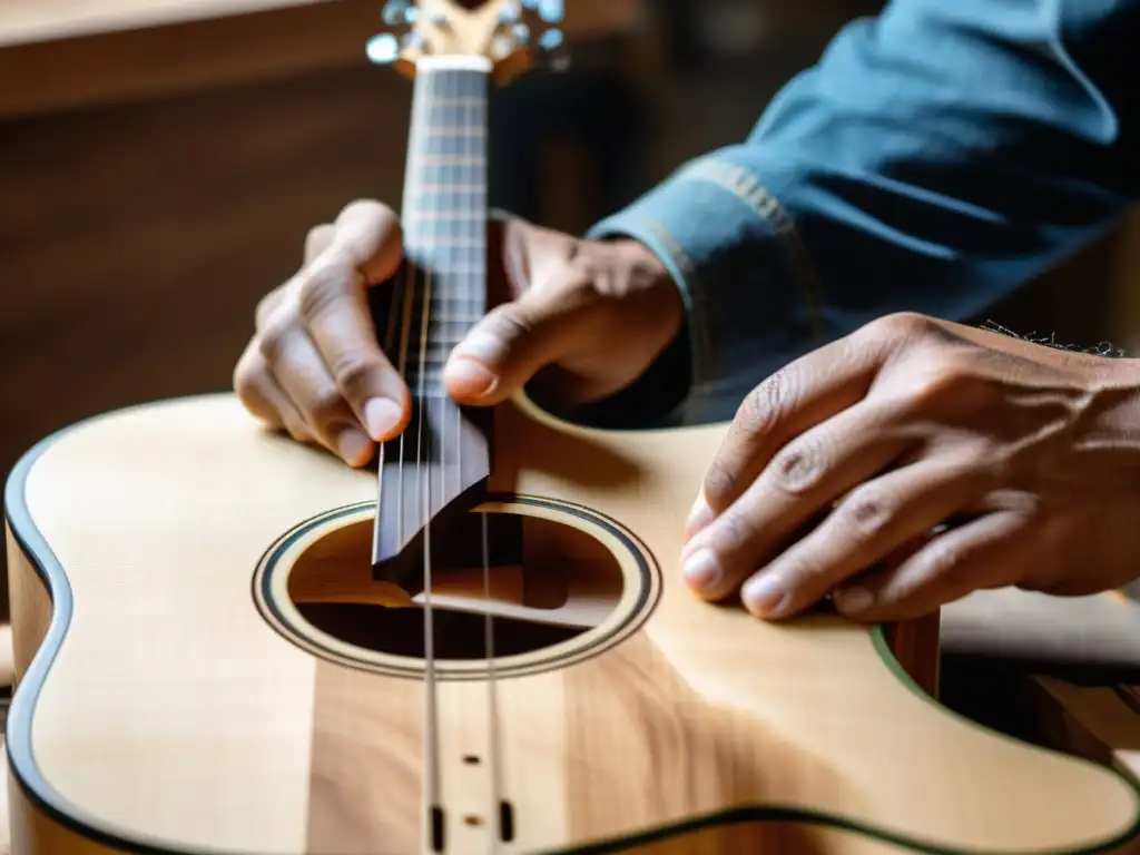 Experto artesano tallando una guitarra sostenible, mostrando artesanía e innovación en instrumentos musicales ecológicos